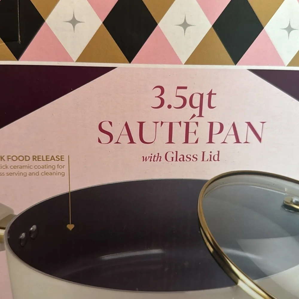 Paris Hilton White and Gold Sauté Pan with Glass Lid NEW